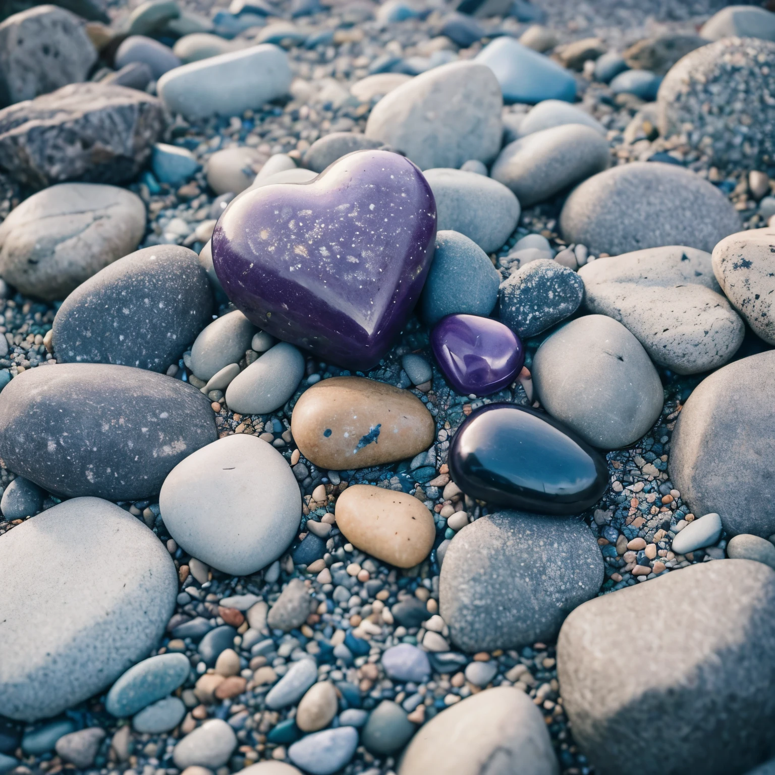 a close up of a pile of rocks with a small bird on top, smooth round rocks, stones, smooth rocks, rocks), rocks, large stones, many small stones, pebbles, stone texture, gravel, grey cobble stones, large rocks, many small and colorful stones, ((rocks)), rock texture, rocks coming out of the ground, rocky ground, one purple heart shaped stone in middle.