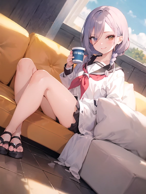 lying on a sofa with one hand on her head, the other holding a cup of coffee, in a room, adentro,
(dutch angle:1.3), ((Frente)), ,
1 chica, solo, trenza, (((wink))), cara feliz, sonrisa, boca abierta, Brown eyes, twin trenzas, pelo entre los ojos, cabello purpura, pelo sobre el hombro, fondo borroso, pelo largo, , al aire libre, cuello marinero, Falda, noche, capucha, golpes, abrigo, frente al espectador, serafuku, ropa abierta, mangas largas, cinta, neck cinta, camisa, pleated Falda, open abrigo