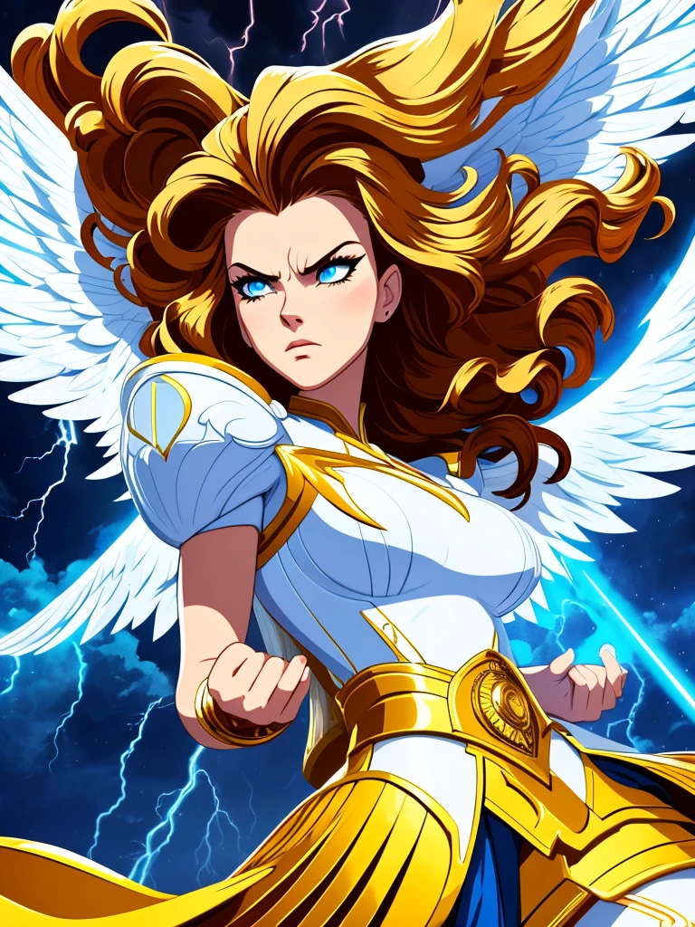 vectorial art style,glorious victory scene,vivid colors,beautiful vintage warrior female angel,beautiful angry face,curly long hair,very big white open wings,looking to with observer,white armor with gold embroid details, dynamic angle, storm sky and lightning clouds background