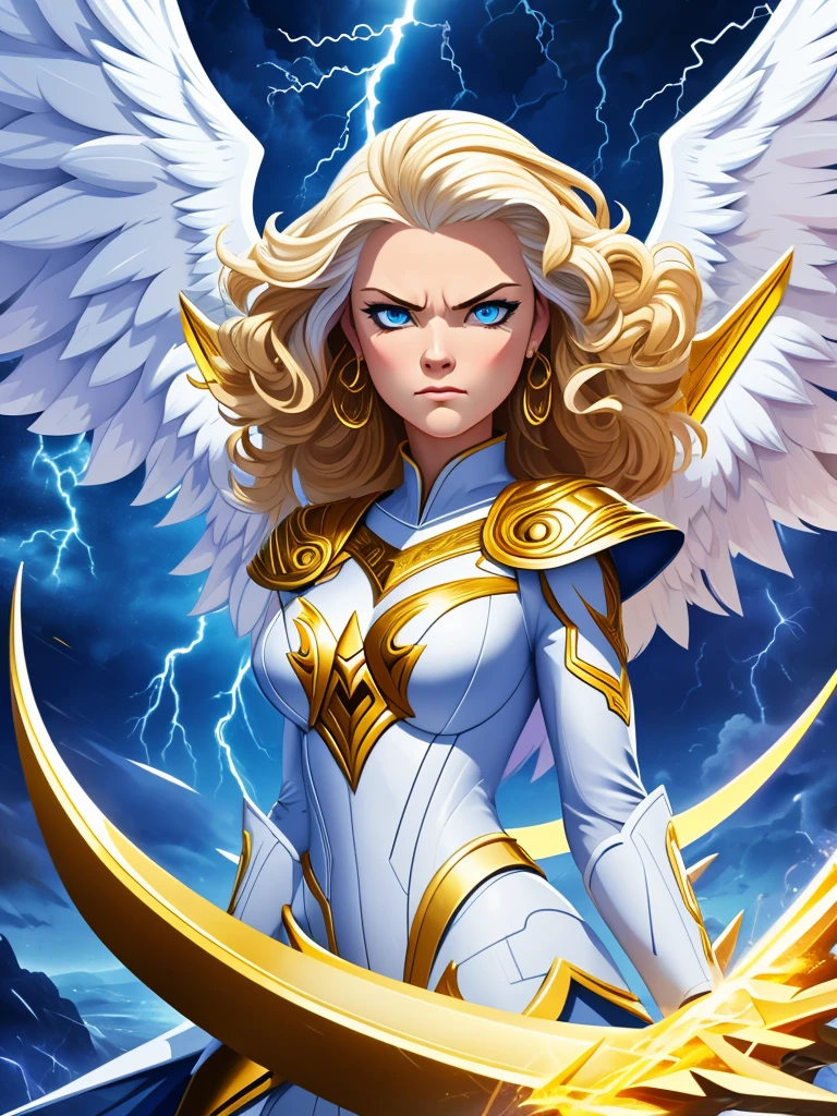 vectorial art style,glorious victory scene,vivid colors,beautiful vintage warrior female angel,beautiful angry face,curly long hair,very big white open wings,looking to with observer,white armor with gold embroid details, dynamic angle, storm sky and lightning clouds background