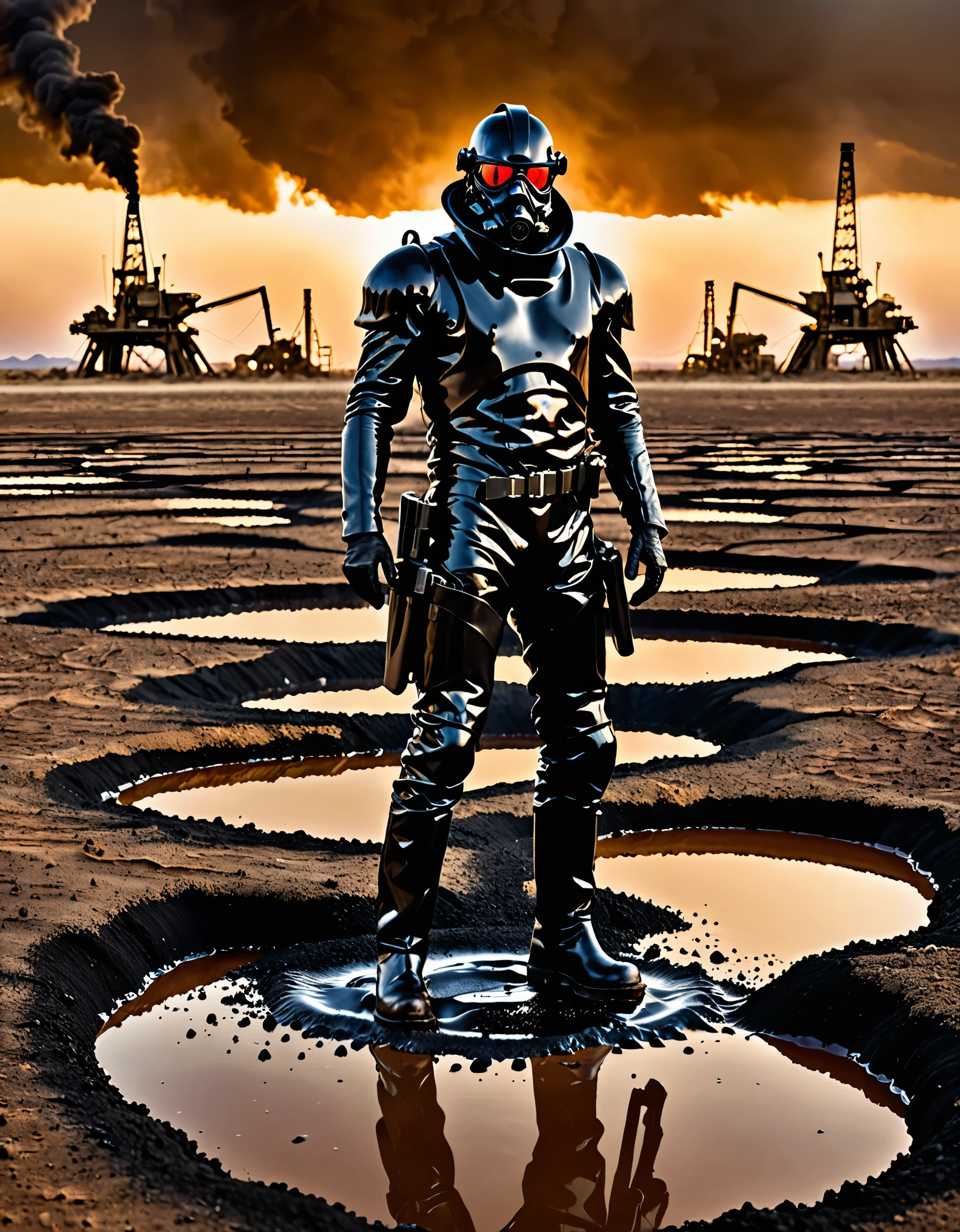 high res, solo, solo focus, male focus, 1man, man made of black liquid tar, boots desert oil fields, menacing look, danger atmosphere, solo, masterpiece, best quality, full body shot, science fiction, looking at viewer, emerging from a tar pit