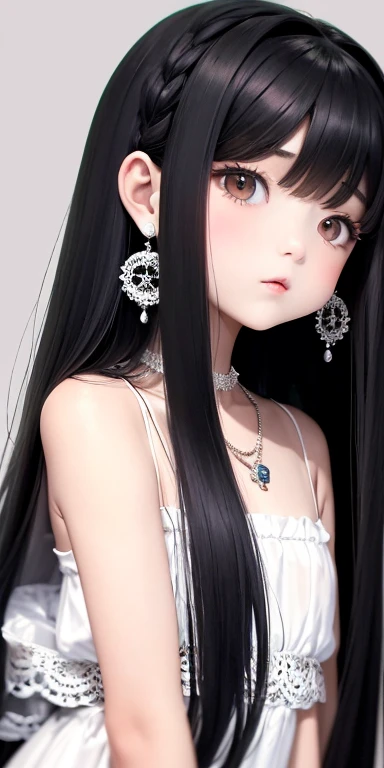 Top quality masterpiece illustrations、Black hair and black eyes、Wearing multiple necklaces、Wearing earrings、 in black and white fancy dress looking up、Cute and elegant face with long hair in the upward view. The angle of the lower body is fair..。