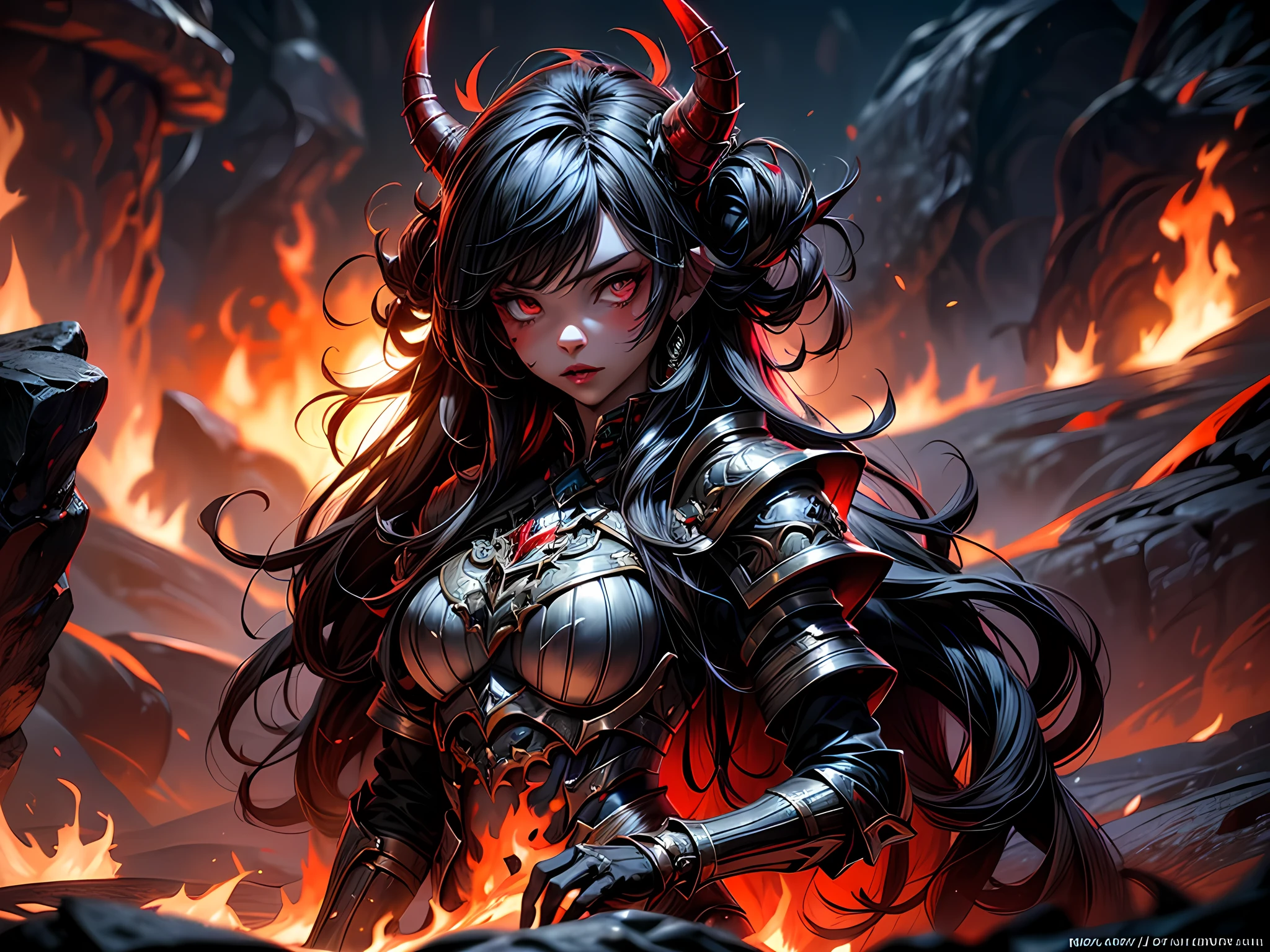 fantasy art, RPG art, masterpiece, a portrait picture o hellish female demon from hell, she has (black horns: 1.2), (black: 1.2) demon wings, (red: 1.3) skin, red lava dripping from her, she wears (white: 1.3) armor, hdsrmr, streams of rolling lava, hell in the background, 3d rendering