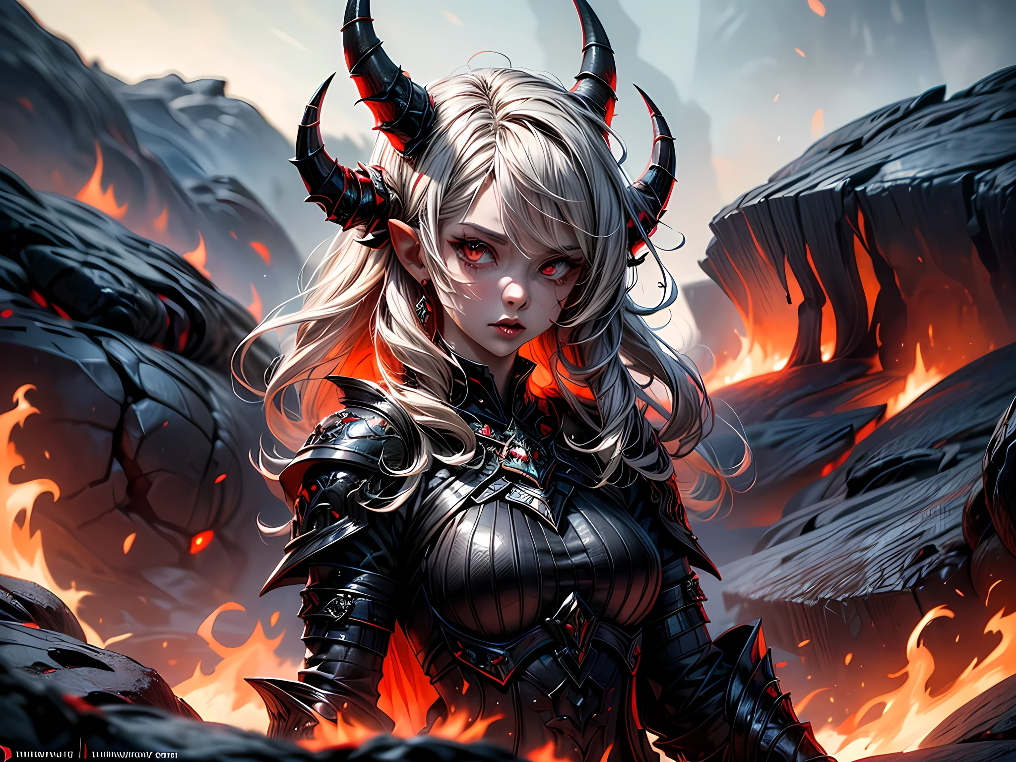 fantasy art, RPG art, masterpiece, a portrait picture o hellish female demon from hell, she has (black horns: 1.2), (black: 1.2) demon wings, (red: 1.3) skin, red lava dripping from her, she wears (white: 1.3) armor, hdsrmr, streams of rolling lava, hell in the background, 3d rendering