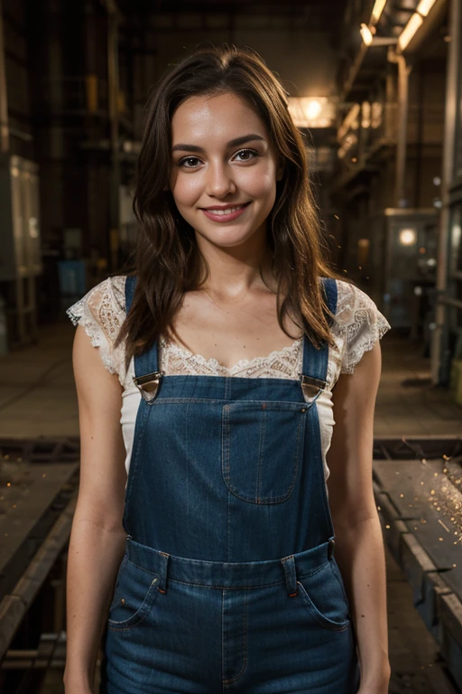 a woman, 25ear old, long brunette hairs, 8K, UHD, flash lighting, professional lighting, textured skin, romantic smile, dans une usine (machinery, sparks), wearing only an overalls (lace overalls)