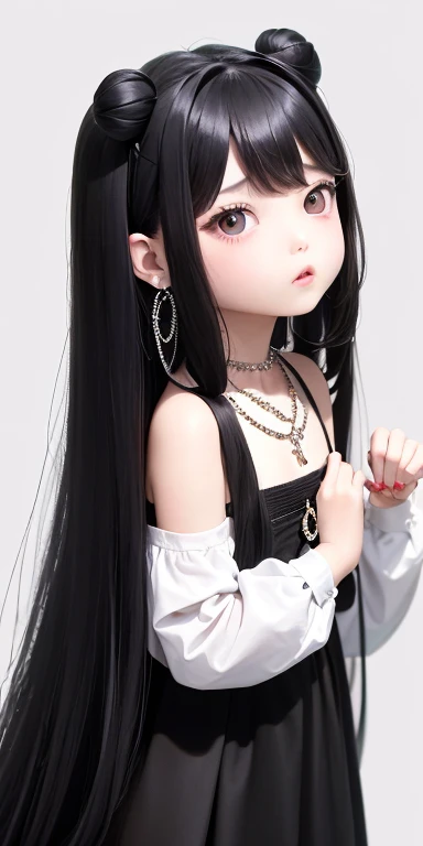 Top quality masterpiece illustrations、Black hair and black eyes、Wearing multiple necklaces、Wearing earrings、Little girl in black and white fancy dress looking up、Cute and elegant face with long hair in the upward view. The angle of the lower body is fair.、More hair details、