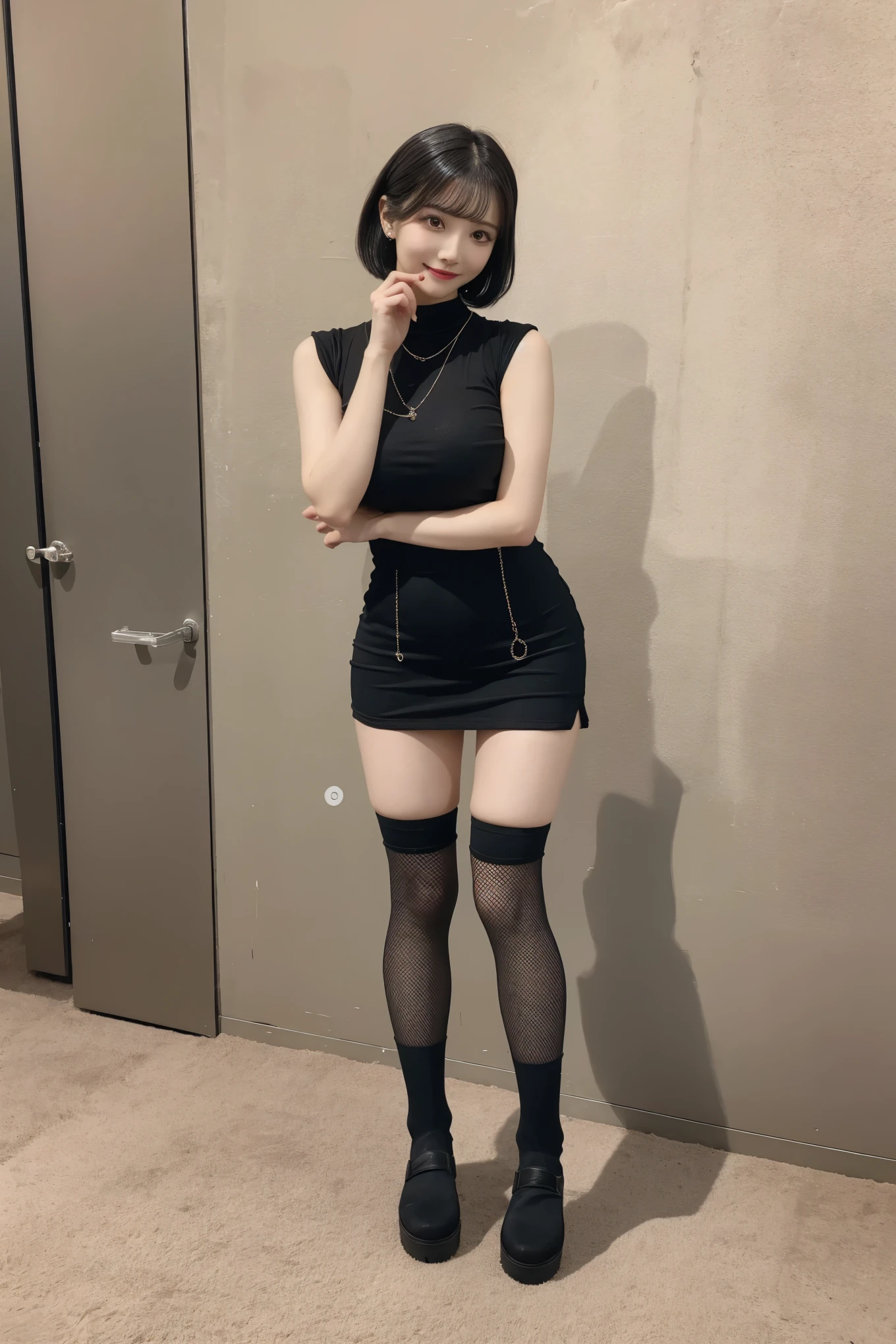 8k, (highest quality: 1.2), (Realistic),smile、Short Bob、Black knee-high stockings、(Full body portrait:1.2)、、She looks 20 years old、20-year-old、、girl、masterpiece、highest quality、Ultra-high resolution、Highly detailed photos、Inside the room 、Platform loafers、Inside the room,Large Breasts,,bob-hair,、,Realistic1.87,,bob-hair,side-angle,standing 、standing、 chain fishnet-stocking ,bob-hair,nude,nipple
