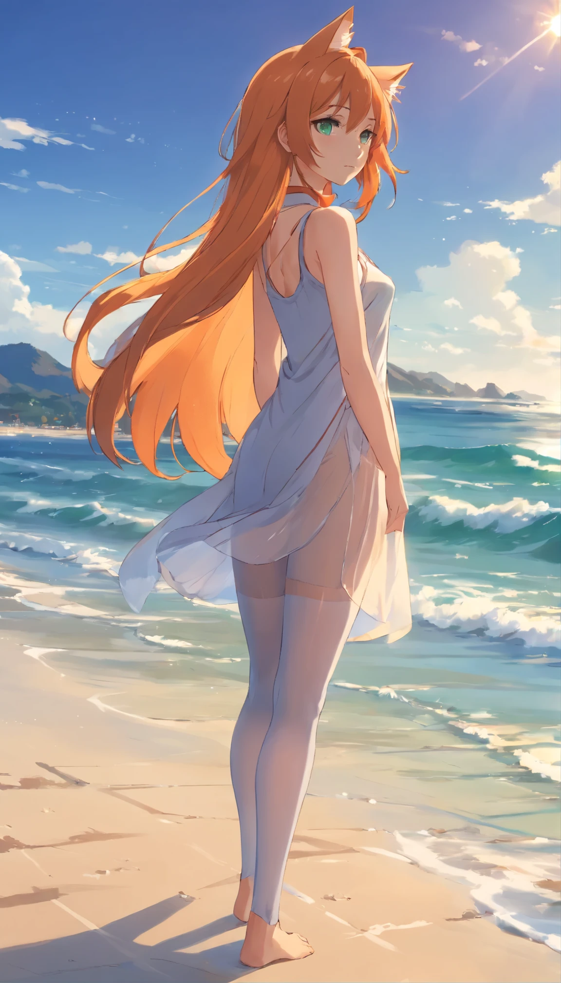 anime girl with long orange hair standing on beach near ocean, green eyes detailed digital anime art, cat ears, , anime girl with long hair, smooth anime cg art, anime girl with long hair, digital anime art, artwork in the style of guweiz, beautiful anime portrait, photorealistic anime girl render, beautiful anime girl, advanced digital anime art, pantyhose, guweiz on artstation pixiv upscale HD UHD HQ