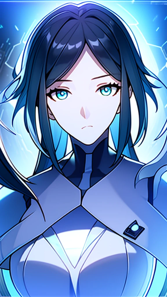 sela, black hair, long hair, cerulean eyes, white pharmacist coat, small breast, futuristic, body close up, no face focus, visual novel cg style, BREAK looking at viewer, BREAK (masterpiece:1.2), best quality, high resolution, unity' 8k wallpaper, (illustration:0.8), (beautiful detailed eyes:1.6), extremely detailed face, perfect lighting, extremely detailed CG, (perfect hands, perfect anatomy)