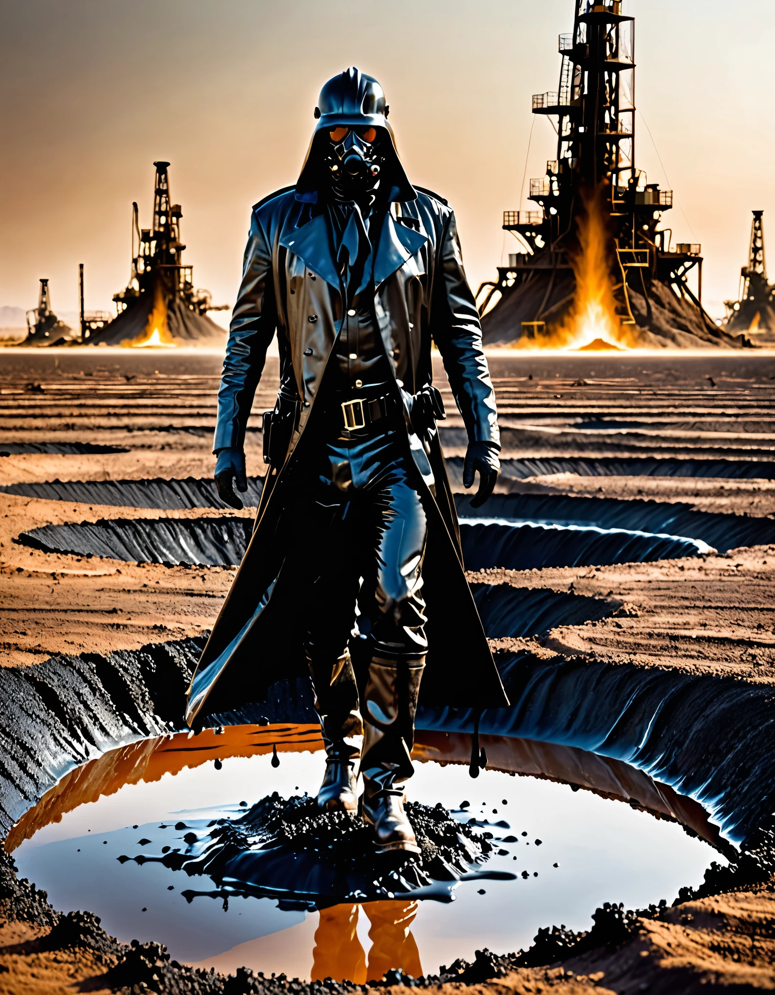 high res, solo, solo focus, male focus, 1man, man made of black liquid tar, boots, desert oil fields, menacing look, danger atmosphere, solo, masterpiece, best quality, full body shot, science fiction, looking at viewer, emerging from a tar pit