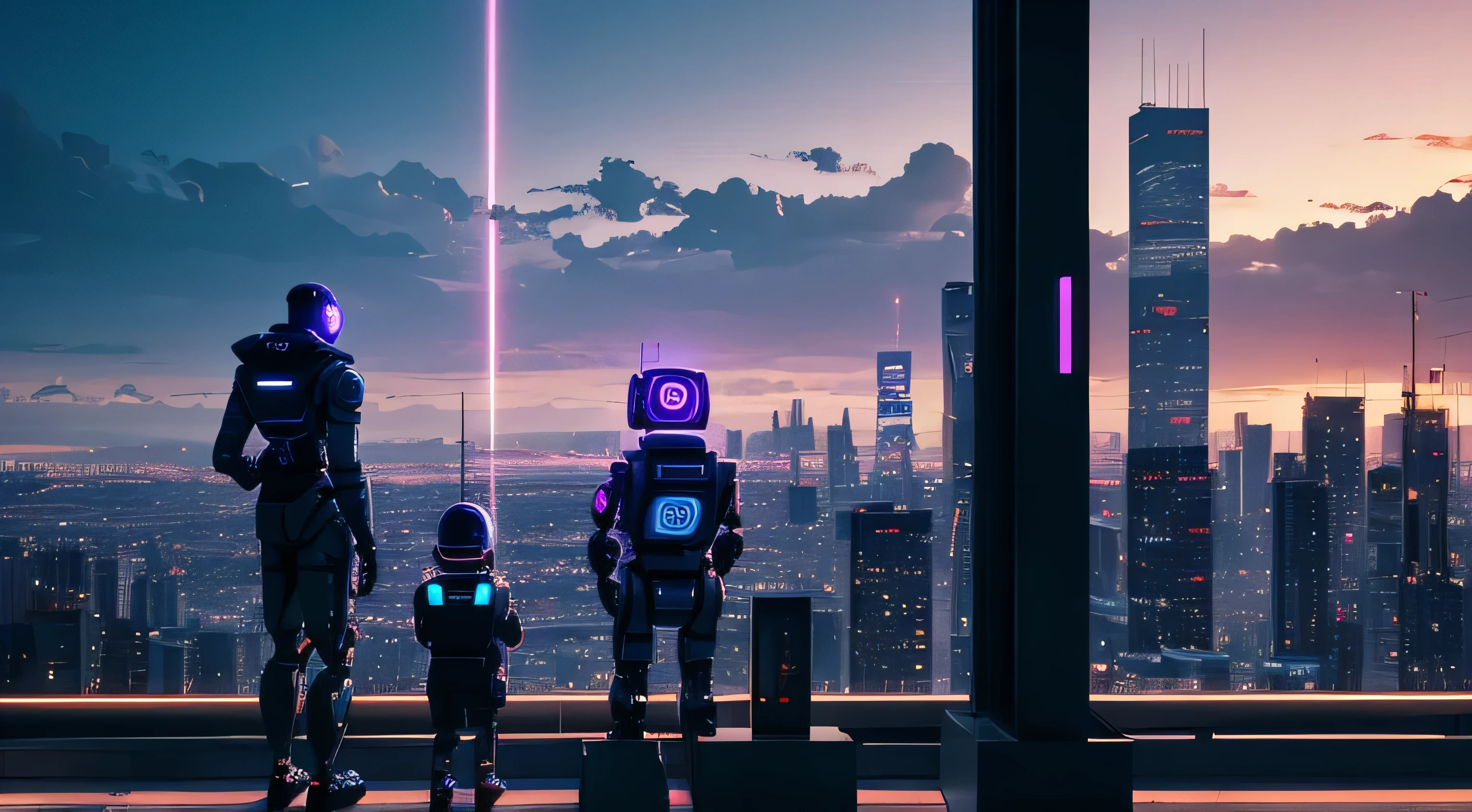 Una familia de robots mostrando la espalda viendo una ciudad a la velocidad de la luz neon