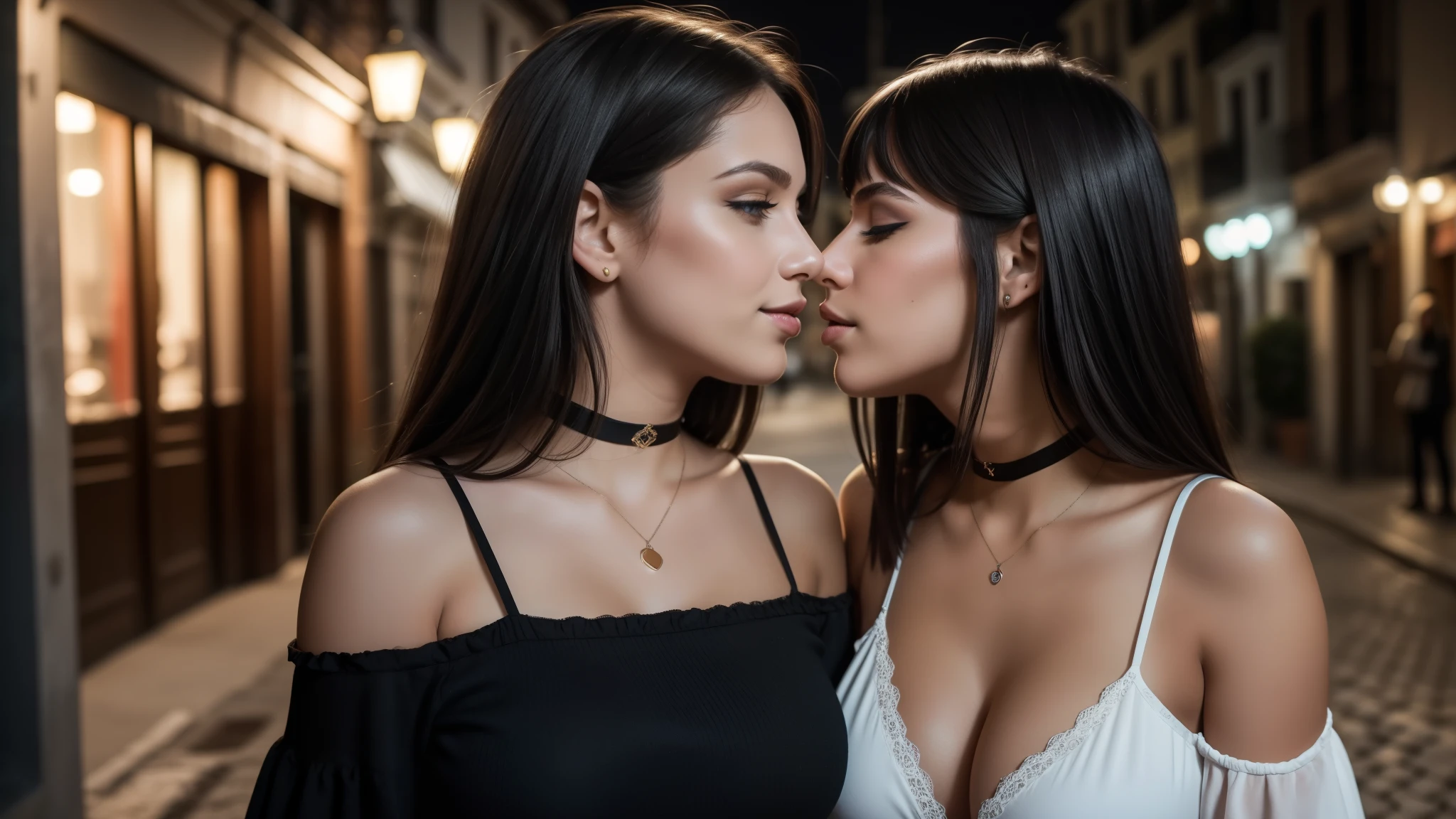 Capture a photorealistic, hyper-detailed image of 2 girls together in a single frame, 18 years old, (kissing:1.1), smiling, Dark hair, choker, (dark eyeshadow:1.3), shag_cut hair, (big breasts:1.3), curvy russian women in a mini skirt and blouse in greece. Realistic skin texture. Use ambient street lighting to create vintage shadows. evening. Export in RAW with a 'vintage elegance' Instagram LUT