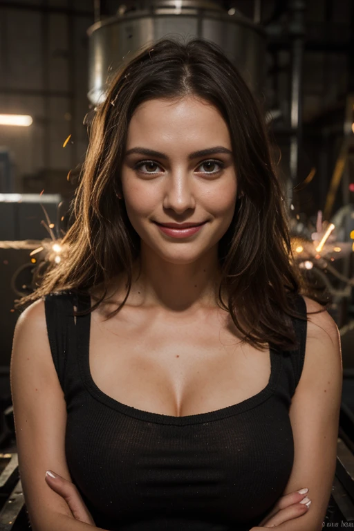 a woman, 25ear old, long brunette hairs, 8K, UHD, flash lighting, professional lighting, textured skin, romantic smile, dans une usine (machinery, sparks), combinaison de cuire déchirée