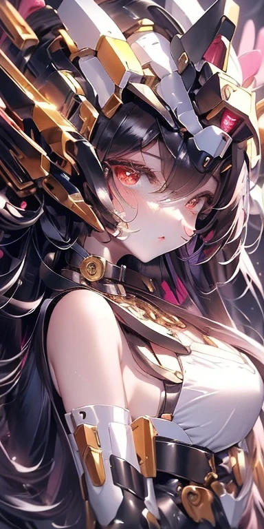 Top quality masterpiece illustrations、Black hair and black eyes、Wearing multiple necklaces、Wearing earrings、Little girl in black and white fancy dress looking up、Cute and elegant face with long hair in the upward view. The angle of the lower body is fair.、More hair details、