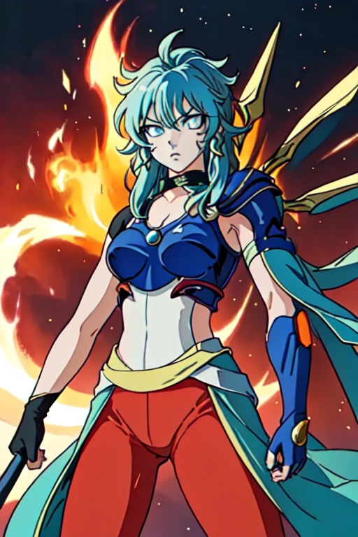 (masterpiece), (best quality), (1girl), girl, armor, cool pose, battle field background, fire background, saint seiya armor, messy blue hair, mask, 