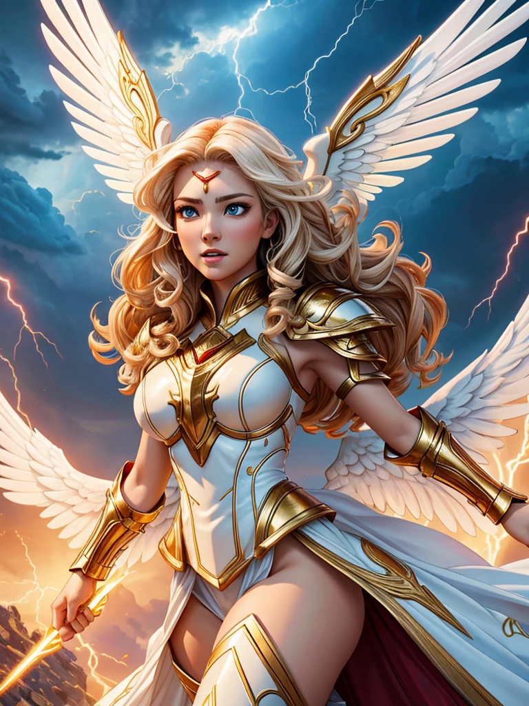 glorious victory scene,vivid colors,beautiful warrior female,beautiful surprised face,curly long hair,very big white open wings,looking to with observer,white armor with gold embroid details, dynamic angle, storm sky and lightning clouds background