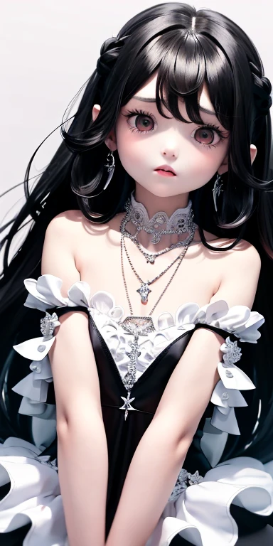 Top quality masterpiece illustrations、Black hair and black eyes、Wearing multiple necklaces、Wearing earrings、Little girl in black and white fancy dress looking up、Cute and elegant face with long hair in the upward view. The angle of the lower body is fair.、More hair details、