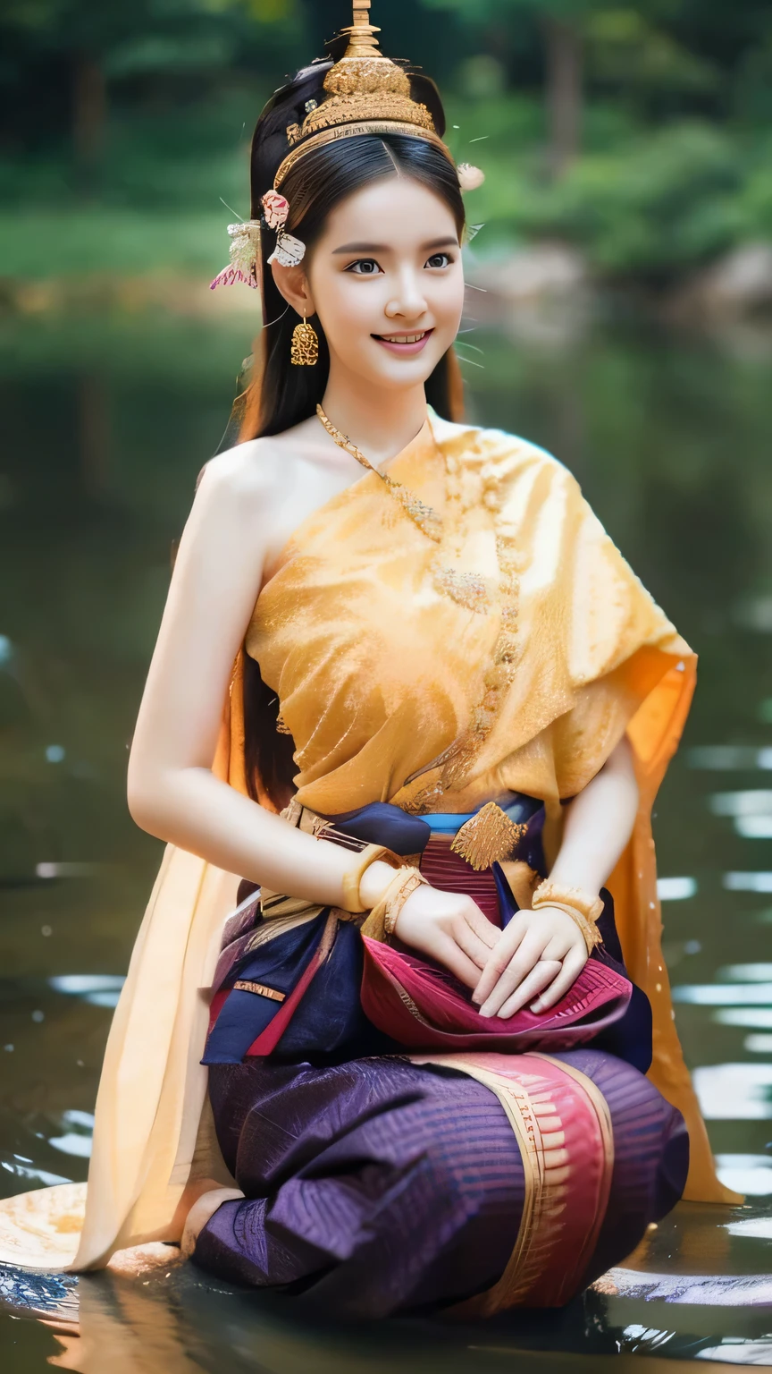 beautiful girl ,Thai women&#39;warrior, walking at thai measure, dynamic poses, Thai Chat Set, Strapless shirt, long hair,black eyes,abdominal muscles, plump body, rounded chest, (big breast:1.3), rift, morning sun, staring at the audience, (sexy poses), ((face details)), Double eyelids, that is finished, realistic, Masterpiece, Highest quality, lens flare, shade, old measure, measure, [[Chromatic aberration]], By Jeremy Lipking, By Antonio J... Manzanedo, digital painting, HDR, high contrast
