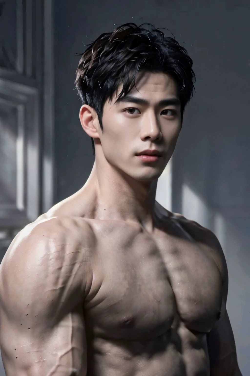 (8k, RAW photo, best quality, masterpiece:1.2), (realistic, photo-realistic:1.4), ultra-detailed, (high detailed skin:1.2),Naked upper body,white skin, musculature, huge breast, Chinese boy, musculature,Black hair,serius face,Handsome boy,