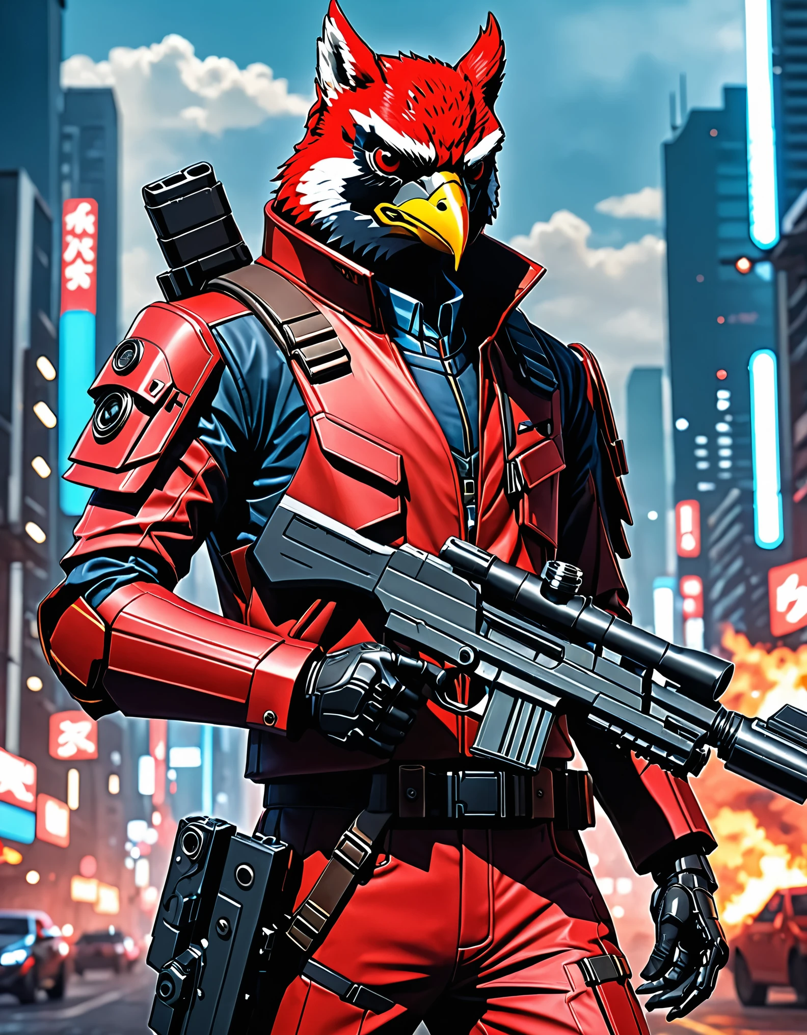 masterpiece, best quality, high res, solo, solo focus, scoundrel, male focus, half-falcon humanoid, red bird, falcon's head, red suit, (holding a gun, dl44blstr), jett from valorant, badass anime 8 k, Inspired by Ryusei Kishida, falco lombardi from starfox, crow in cyber armour, akira art style, red uniform, crimson attire, tactical radio, akira style illustration, red armor, akira artstyle, Los Angeles backdrop, cyberpunk atmosphere, cowboy shot.