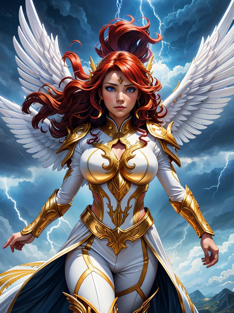 glorious victory scene,vivid colors,beautiful warrior female,beautiful surprised face,curly long hair,very big white open wings,looking to with observer,white armor with gold embroid details, dynamic angle, storm sky and lightning clouds background