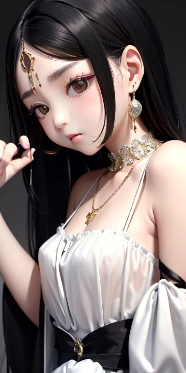 Top quality masterpiece illustrations、Black hair and black eyes、Wearing multiple necklaces、Wearing earrings、 in black and white fancy dress looking up、Cute and elegant face with long hair in the upward view. The angle of the lower body is fair.、More hair details、