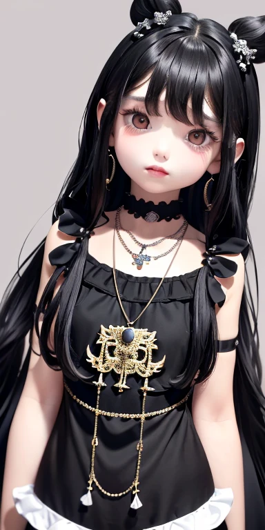 Top quality masterpiece illustrations、Black hair and black eyes、Wearing multiple necklaces、Wearing earrings、 in black and white fancy dress looking up、Cute and elegant face with long hair in the upward view. The angle of the lower body is fair.、More hair details、