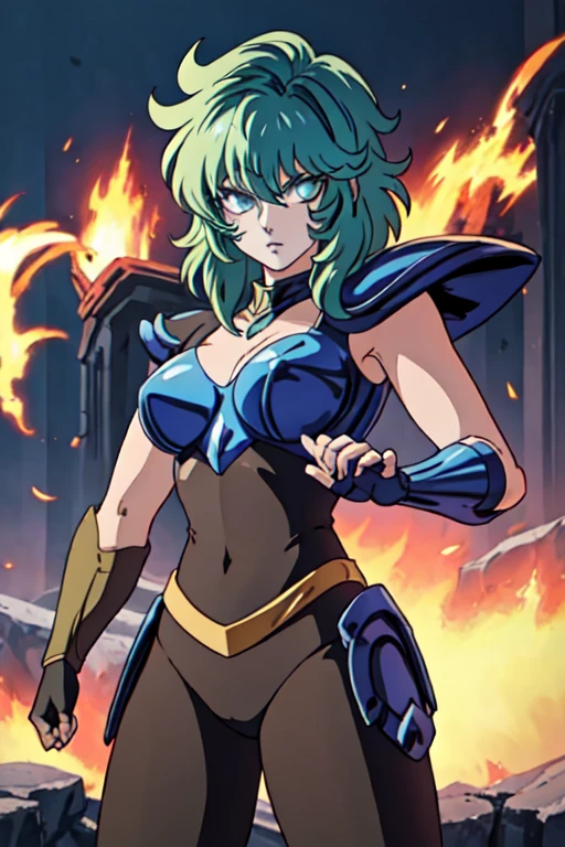 (masterpiece), (best quality), (1girl), girl, armor, cool pose, battle field background, fire background, saint seiya armor, messy blue hair, mask, 