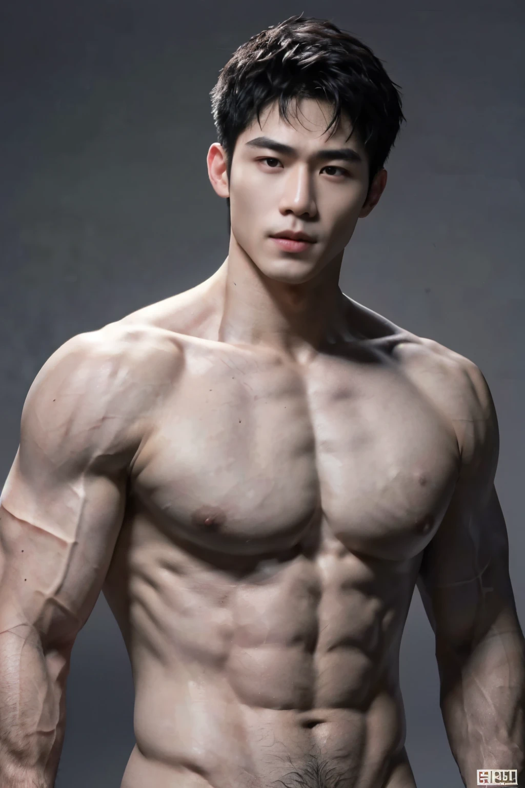 (8k, RAW photo, best quality, masterpiece:1.2), (realistic, photo-realistic:1.4), ultra-detailed, (high detailed skin:1.2)，Naked upper body，white skin, musculature, huge breast, Chinese boy, musculature，Black hair，serius face，Handsome boy，