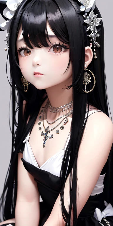 Top quality masterpiece illustrations、Black hair and black eyes、Wearing multiple necklaces、Wearing earrings、Little girl in black and white fancy dress looking up、Cute and elegant face with long hair in the upward view. The angle of the lower body is fair.、More hair details、