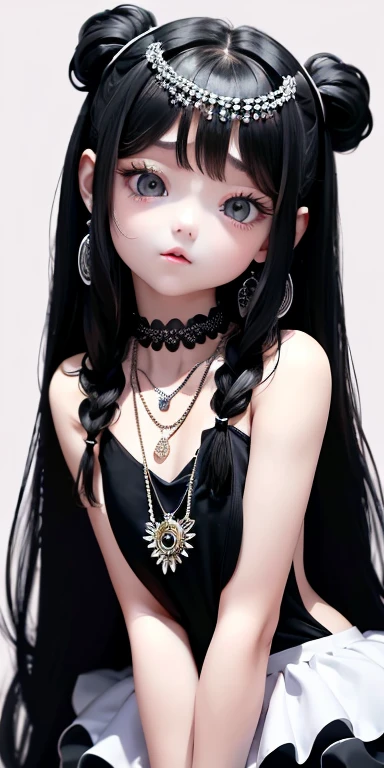 Top quality masterpiece illustrations、Black hair and black eyes、Wearing multiple necklaces、Wearing earrings、 in black and white fancy dress looking up、Cute and elegant face with long hair in the upward view. The angle of the lower body is fair.、More hair details、