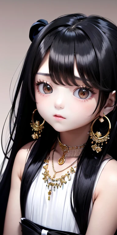 Top quality masterpiece illustrations、Black hair and black eyes、Wearing multiple necklaces、Wearing earrings、Little girl in black and white fancy dress looking up、Cute and elegant face with long hair in the upward view. The angle of the lower body is fair.、More hair details、