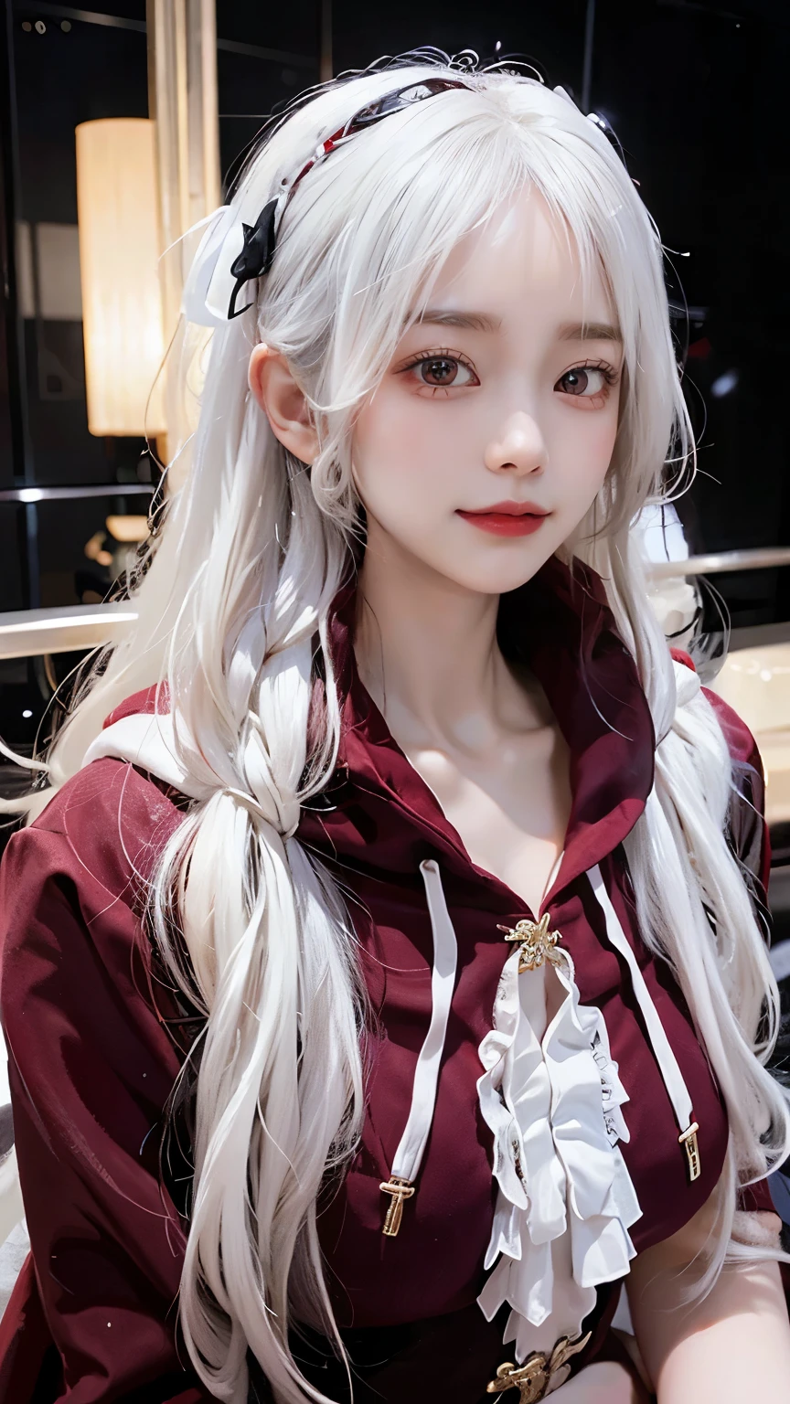 Long white hair - Red eyes - Black hair accessory - Hoodie - Elegant - Mysterious - Less revealing - Modest - Unique - Smiling - Attractive - Presence