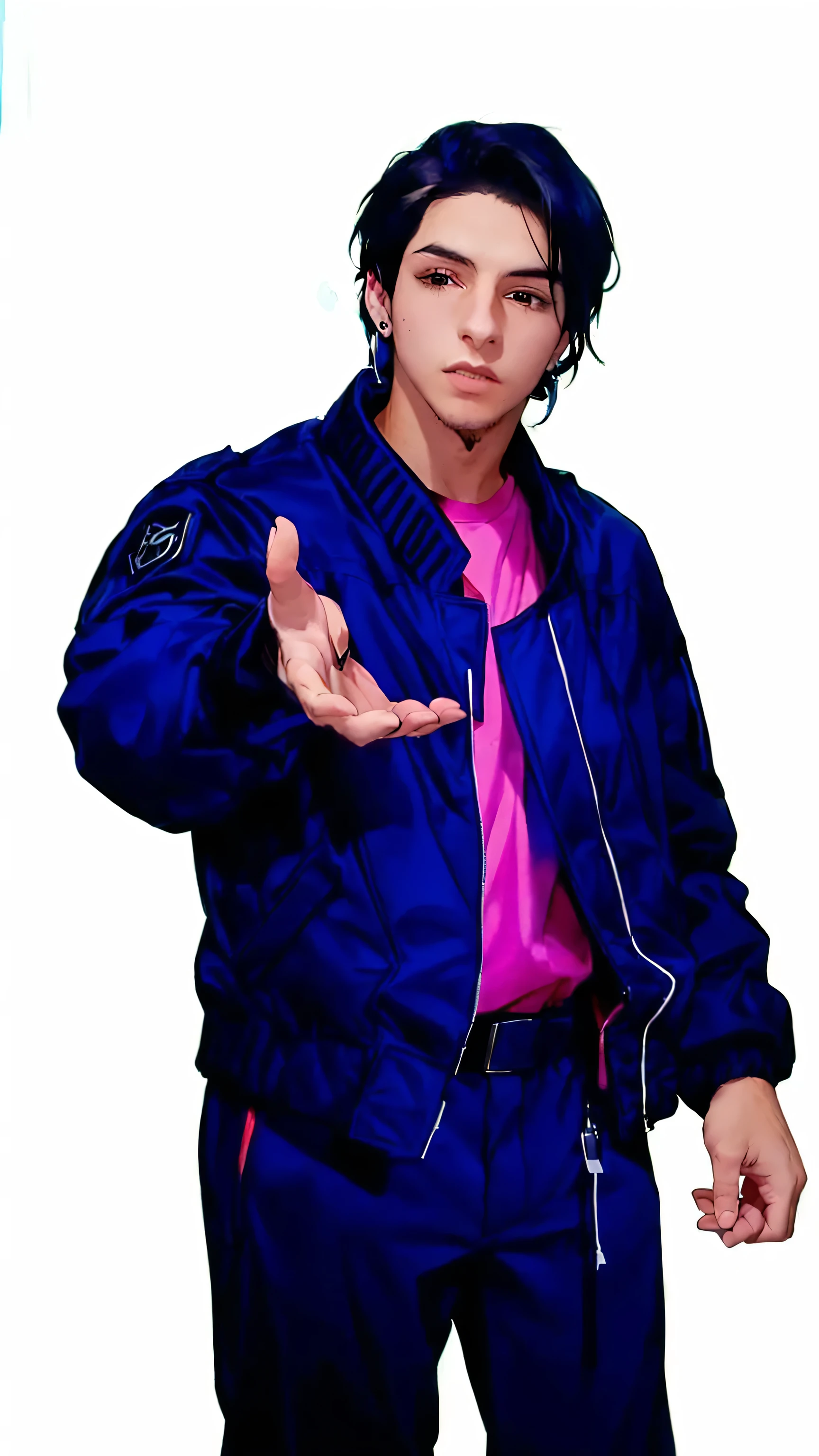 qaiwachgan face, beautiful final fantasy male, man in a purple black jacket, wearing a bomber jacket, wearing an aviator jacket, Brown pants, full body close-up shot, wearing ripped flight suit, close up half body shot, egocentric boy pose, main character, handsome, black hair, brown eyes, western, VERY HANDSOME, age 25, perfect lips, perfect hands, ear dangle earring, alpha male type, short black hair, standing against a plain white wall, purple final fantasy cinematic lightning, professional lighting, sunbeam, bokeh, dramatic lighting, 