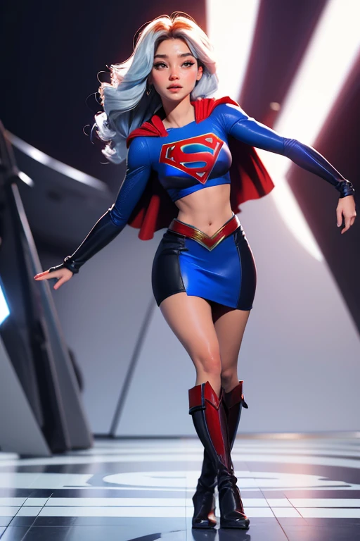 sexy Supergirl cabello largo y rubio y ojos azules, diadema negra, top corto blanco, mangas cortas, capa roja, blue pencil skirt, botas rojas, guantes blancos