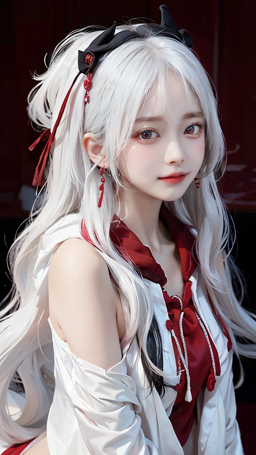 Long white hair - Red eyes - Black hair accessory - Hoodie - Elegant - Mysterious - Less revealing - Modest - Unique - Smiling - Attractive - Presence