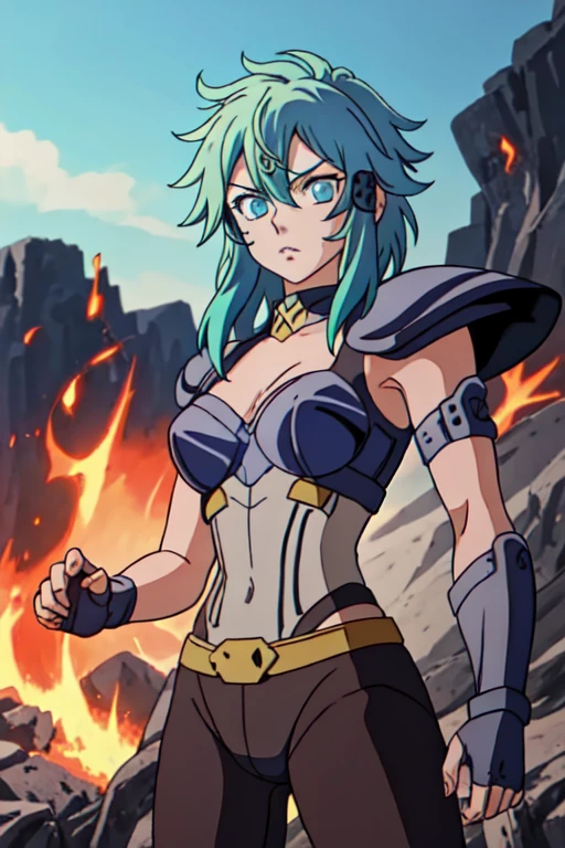 (masterpiece), (best quality), (1girl), girl, armor, cool pose, battle field background, fire background, saint seiya armor, messy blue hair, mask, 