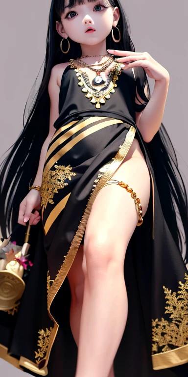 Top quality masterpiece illustrations、Black hair and black eyes、Wearing multiple necklaces、Wearing earrings、Little girl in black and white fancy dress looking up、Cute and elegant face with long hair in the upward view. The angle of the lower body is fair.、More hair details、