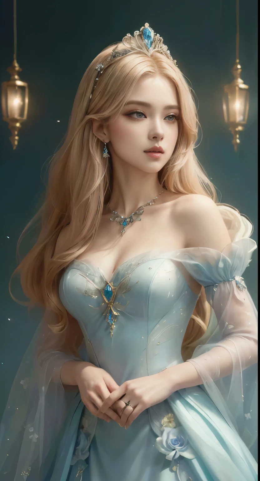 (8K wallpaper, masterpiece、top-quality、top-quality、Detailed and complex、official art、aesthetically pleasing:1.3) (realistic art:1.3)、un primer plano de una mujer con un vestido azul y un tiable, fantastic art style, hermosa y elegante reina elfa, princesa de pelo rubio, ((a beautiful fantasy empress)), retrato de princesa, hermosa pintura de personajes, deviantart art station cgscosiety, Arte detallado de alta calidad 8k, a beautiful fantasy empress, beautiful fantasy art, Estilo Artgerm