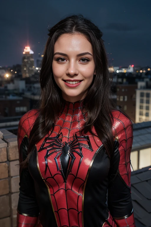 a woman, 25ear old, long brunette hairs, 8K, UHD, flash lighting, professional lighting, textured skin, romantic smile, spiderwoman cosplay, spiderman costume, on a buiding roof, at night