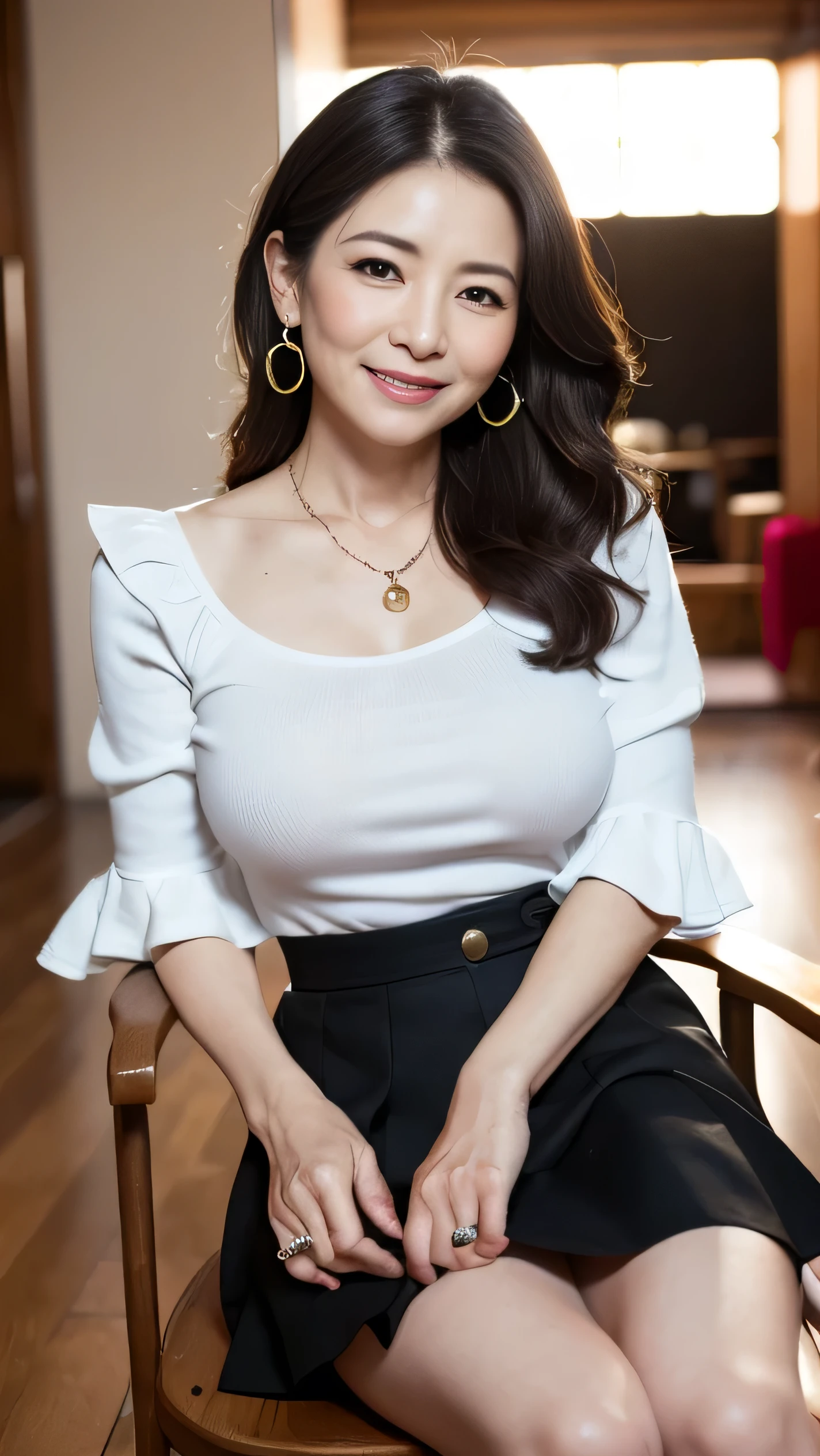 (masterpiece, highest quality), Japanese Mature, (alone), 60 years old, (Wrinkles around the eyes:1.55), Big Breasts, Mature Woman, Glamour, sexy, Pure white skin, Looking at the audience、(super Big Breasts:1.28)、(Wavy Long Hair)、small diamond necklace、Earrings、(((Bell sleeve blouse, Frilled Skirt)))、short boots、smile、Public place、Crossing your legs、Sit on a chair、Full body photo、