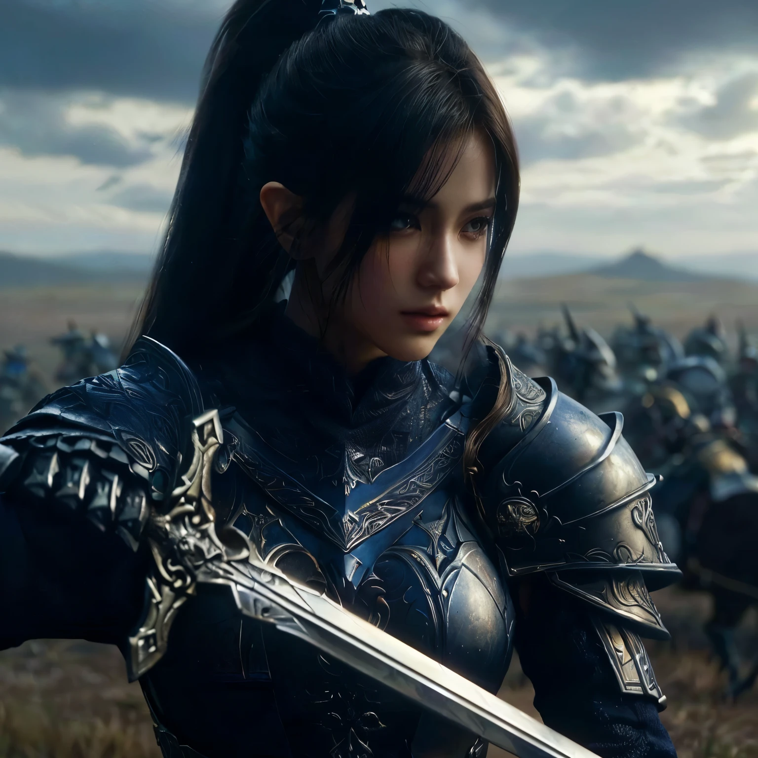 (8K wallpaper, masterpiece、top-quality、top-quality、Detailed and complex、official art、aesthetically pleasing:1.3) (realistic art:1.3)、Mujer arafed con armadura y espada frente a un gran grupo de personas., beautiful caballero femenino, fantasy warrior, of a beautiful caballero femenino, caballero femenino, fantasy paladin woman, chica con armadura de caballero, princesa guerrera, beautiful female paladin, hermosa guerrera, Elegant fantasy film art, a fantasy warrior, elven princesa guerrera, fantasy knight