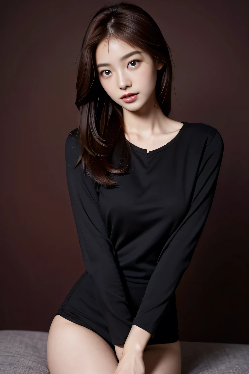 masterpiece、office lady,Sexy pose,,Sunburn mark,thin,Cute face,Beautiful Face,double eyelid,COOL FACE,Straight hair,Dark red hair,Slate gray background color,factory,Mysterious,high quality,Realistic,Korean,Beautiful woman,gravure,fashionable、Perfect Anatomy、Beautiful limbs、Beautiful Skin、cool、