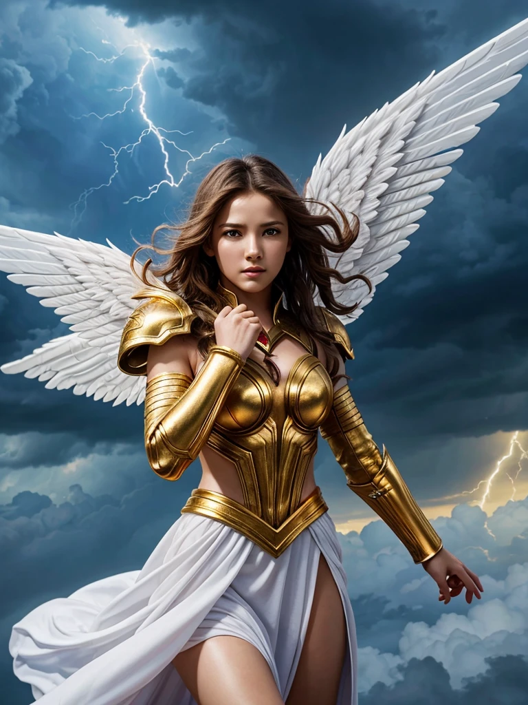 glorious victory scene,vivid colors,beautiful warrior female,beautiful surprised face,curly long hair,very big white open wings,looking to with observer,white armor with gold embroid details, dynamic angle, storm sky and lightning clouds background