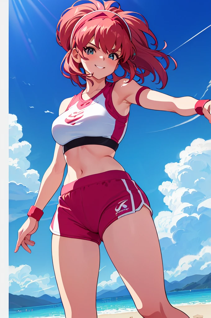 imagined a girl in extreme sport outfit playing to a flying disc game in a beach arena game sport, masterpiece, ultra-detailed, 80's anime (style), 2D, megapixel, perfectionism, full HD , 4K, (windjammers), windjammers sport game, windjammers 2 (((((solo mature anime woman,)))))++++++++++++++++++, looking at viewer, full body, brown hair and pink hair, short hair, weird hair, smile, lips, eyelashes, medium breasts, gym uniform, uniform, gym shorts, headband, sports bra, elbow pad, knee pad, extreme sports outfit 80's theme, beach background, playing flying disc game on a beach court game, sea, sun in the sky, sports wear