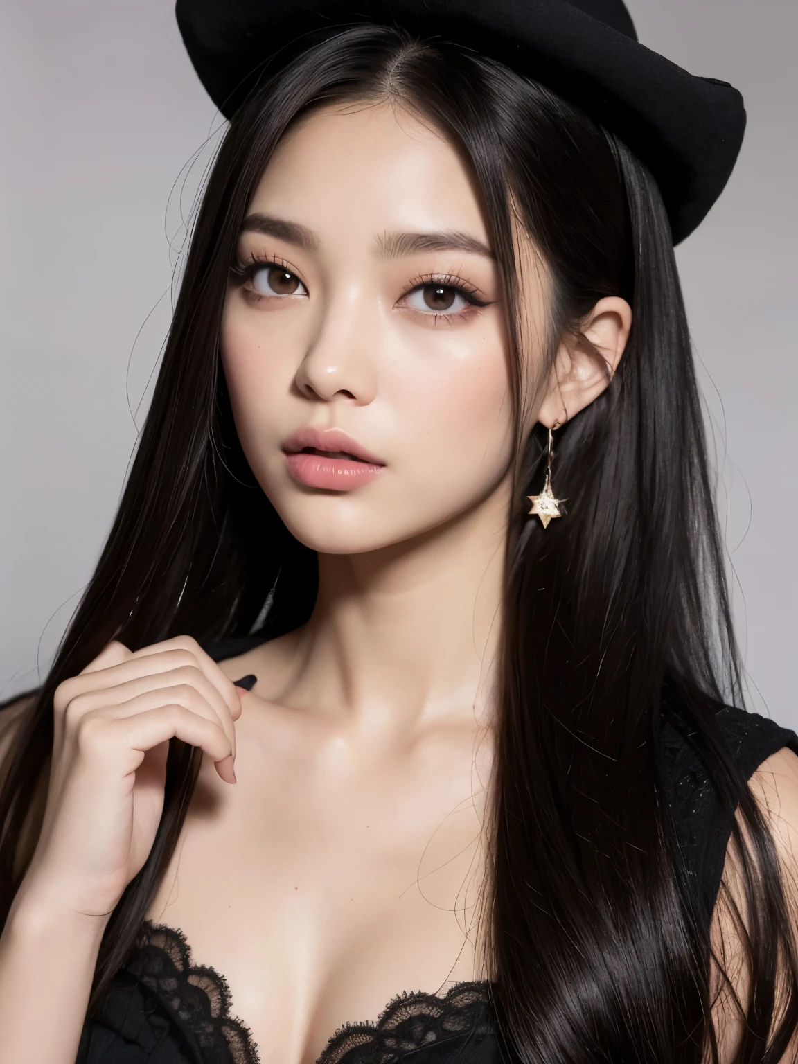 Kim Jennie con el cabello negro oscuro, con rulos en las puntas del cabello negro oscuro, con un ganchito de estrella en el cabello negro oscuro, ojos de color claro, ojos bonitos, ojos llorosos, nariz bonita y respingada, labios bonitos, labios rosas, heart and cupid shaped lip, piel bonita, pale, piel blanca, con lunares y pecas en todo el rostro, rubor rosa suave en las mejilla, rubor rosa natural, dark and gothic makeup, Jennie gotica, mientras ella esta con un chico lindo a su lado, with a cute asian boy standing next to her, mientras hay un torso de hombre, mientras el hombre'His hand is on his jaw.., manos bonitas de hombre, with a gothic boy, cuellos bonito, cuello marcado, frown, mirada enojada, con un collar de beso, un collar bonito de beso, mientras muestra sus pechos desnudos, mientras tiene los pezones con dos corazones de papel rosa, tiene los pezonnes con corazones de papel rosa (pechos grandes, pechos suaves, pechos bonitos, pechos naturales), con un chico a su lado, con su novio, mirando a la camara, autofoto