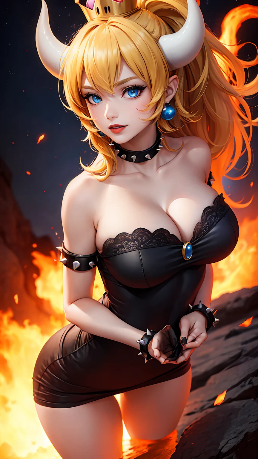 ((high detailed, best quality, 4k, masterpiece, hd:1.3)), ((best quality)), (((HD))), (((8k))), (ultraDH), (ultra HD), Princess Daisy, blue eyes, BREAK blue eyes, seductive, attractive, smooth anime cg art, 36C breasts, long legs, vivid colors, detailed digital art, slim body, perfect skin, dark blonde hair, long hair, blonde hair, blonde hair, BREAK crown, cleavage, 36C cleavage, looking at viewer, BREAK looking at viewer, extremely detailed face, red santa suit, red santa claus suit, santa claus suit, earrings, gem, dark black makeup lips, dark gothic eyeshadows, dark eyeshadows, black eyeshadows, black sexy lips, black lips, (dark:1.2), dark lips, very dark lips, (perfect hands, perfect anatomy), black makeup, black medium lips, black thick lips, detailed fingers, five fingers per hand, 5 fingers, (1 girl), detailed lips, detailed black lips, black painted lips, gothic painted lips, BREAK night, night sky, (breast focus), (arms outstreched:1.2), (from above:1.1), (breasts out:1.3), (off shoulder:1.1), (white horns), (lingerie), inside a lava castle, she inside a sea of lava, she bathing in lava, full body, perfect long legs, perfect foots, legs and foots into the lava, (((busty pornstar))), (((bitch))), (((fuckable breasts))), (((provocative cleavage))),