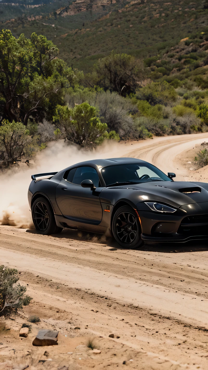 Full Body Shot, Dramatic, Hollywood, Motion, dust trails, muddy road, There is a matte black Dodge Viper, black tint windows, with race stickers on the windshield and body of the car, there is mud on the sides of the car, It is driving a rocky terrain in Aspen, Colorado. It is day time, and there are trees and cliffs in the background. Ultrarealistic, 8K, 16K, Photorealistic, Photorealism, offroad, 4x4, America