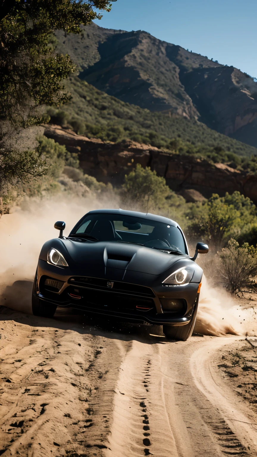 Full Body Shot, Dramatic, Hollywood, Motion, dust trails, muddy road, There is a matte black Dodge Viper, black tint windows, with race stickers on the windshield and body of the car, there is mud on the sides of the car, It is driving a rocky terrain in Aspen, Colorado. It is day time, and there are trees and cliffs in the background. Ultrarealistic, 8K, 16K, Photorealistic, Photorealism, offroad, 4x4, America