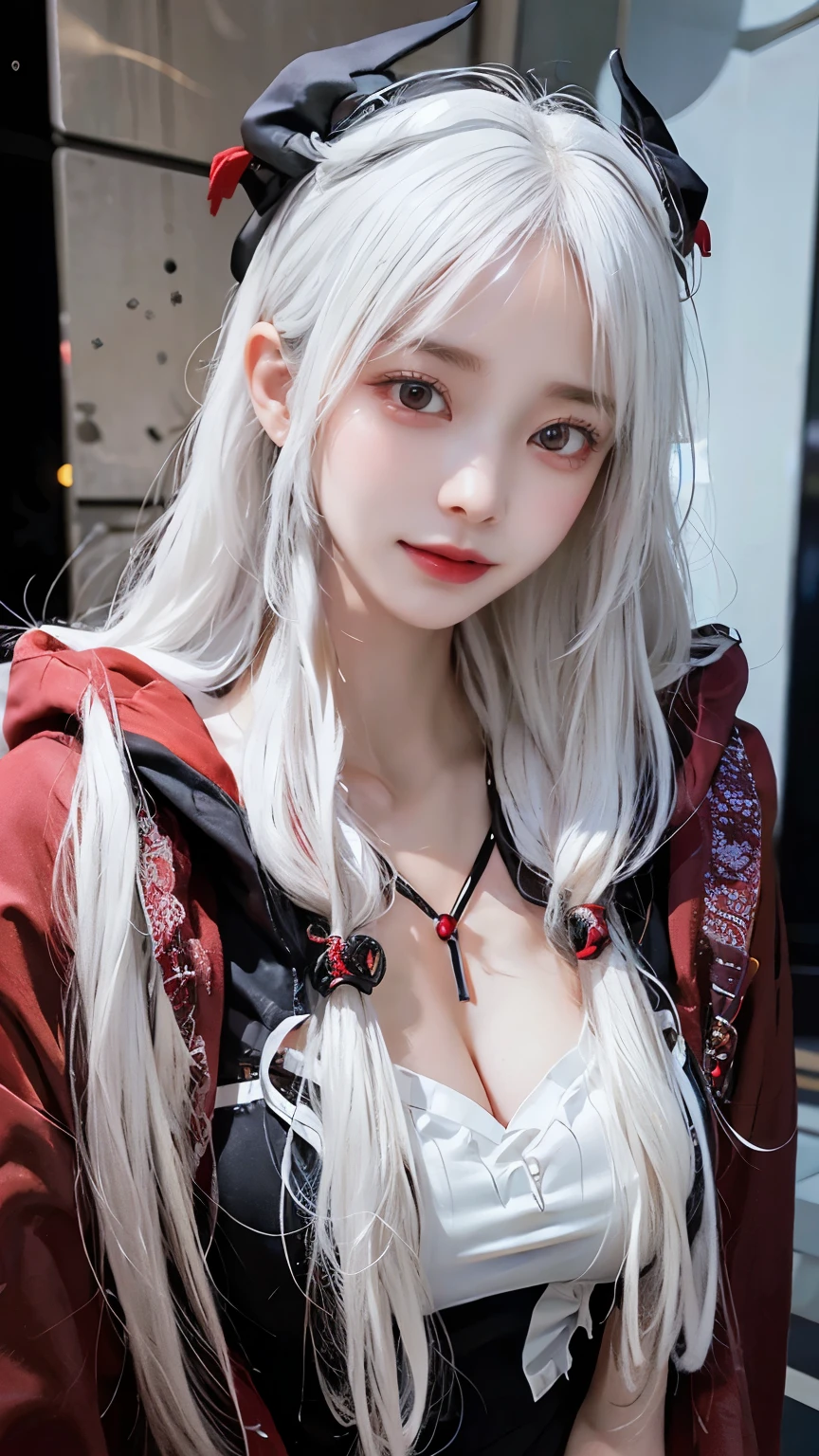 Long white hair - Red eyes - Black hair accessory - Hoodie - Elegant - Mysterious - Less revealing - Modest - Unique - Smiling - Attractive - Presence